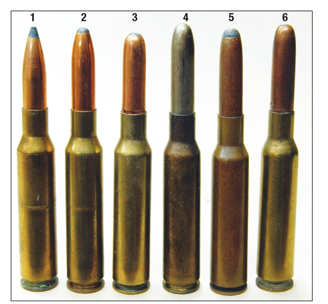 These 6.5x54mm handloads using (1) Sierra 140-grain bullets, (2) Sierra 160-grain bullets and (3) Hornady 160-grain bullets don’t quite fill the chamber throat as well as (4) a military ball load, (5) an old Norma 160 grain or (6) a Western 160 grain of the 1930s.